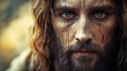 Obraz premium a close-up of Jesus Christ with tears and blood on his face.