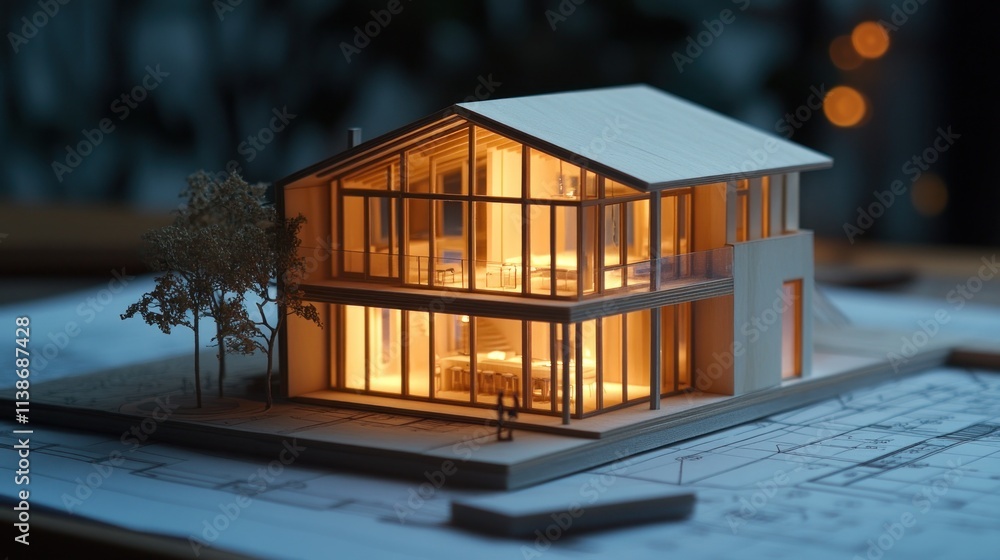 Aufkleber lit architectural model on blueprints at dusk.