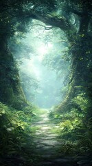 Naklejka premium A serene forest path illuminated by soft light, inviting exploration and tranquility.