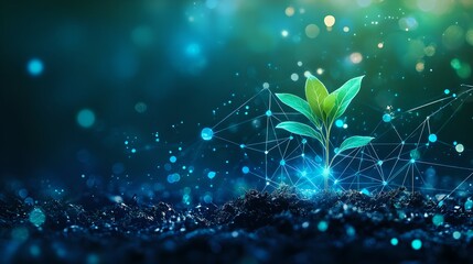 Young green plant sprouting in digital environment. Futuristic growth concept with glowing network connections. Technology and nature fusion for biotechnology and innovation
