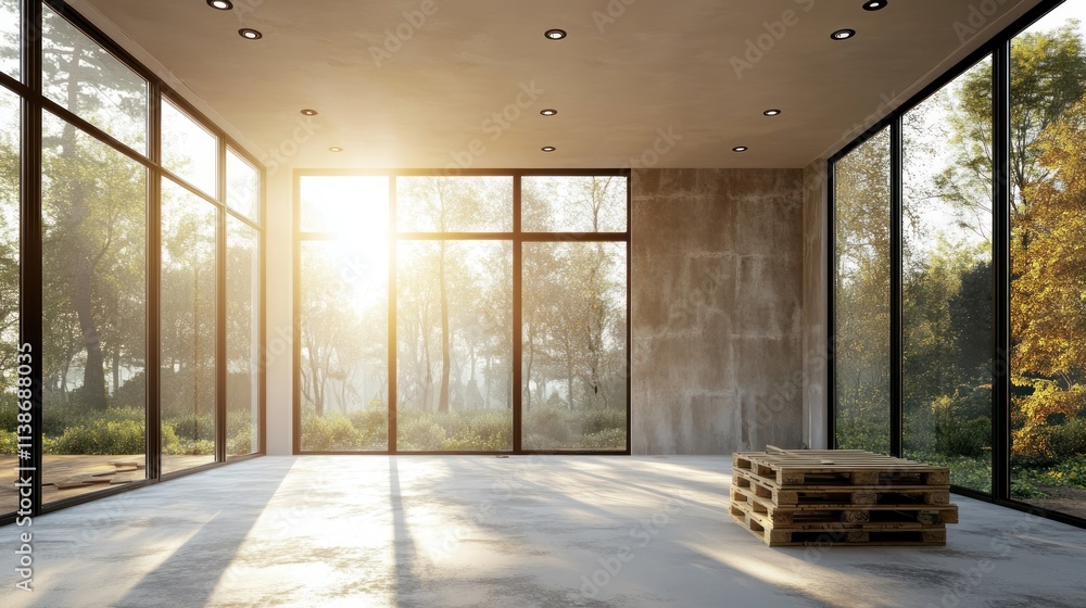 Poster empty room with large windows, sunlight, and stacked pallets.