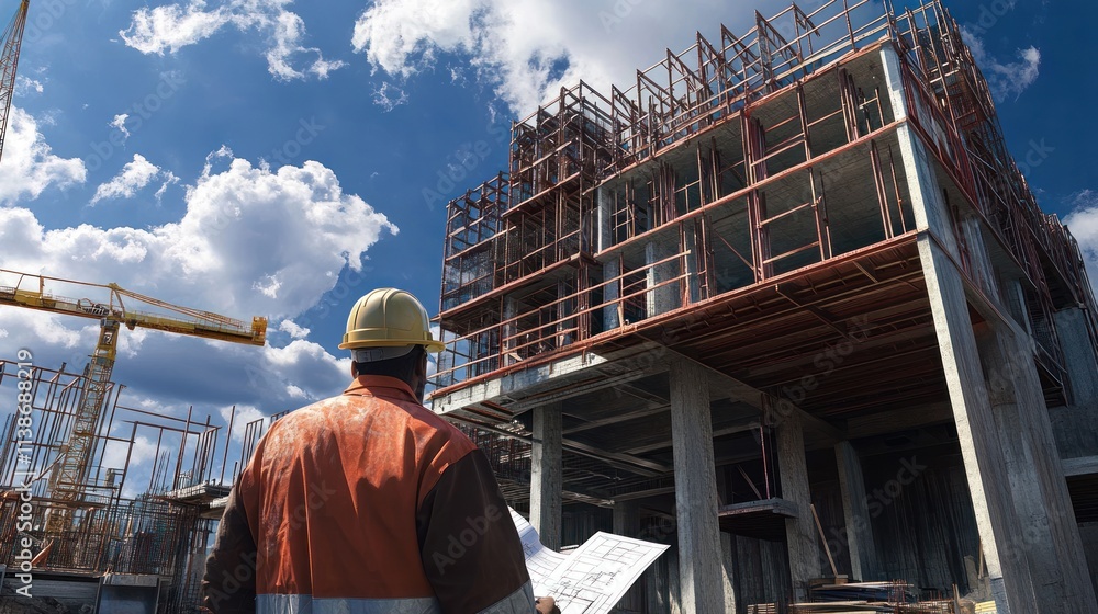 Poster engineer looking at building construction.