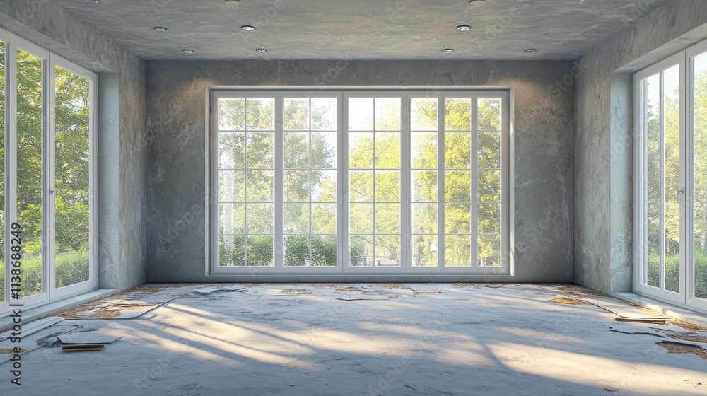 Poster empty room with large windows and damaged floor.