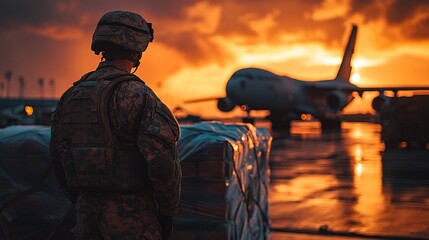 A military soldier wearing camouflage gear and a helmet is standing next to stacks of cargo pallets on a tarmac, with an airplane visible in the background.