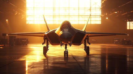 A stealth fighter jet is parked in a hangar illuminated by bright lights.