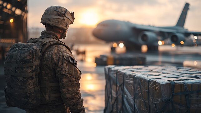 A soldier standing on an airfield at sunset with a large military aircraft and cargo crates in the background.