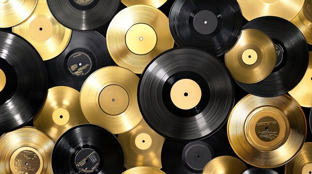 Vibrant arrangement of black and gold vinyl records showcasing music history.