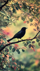 Obraz premium A Blackbird's Reverie: Harmony in Nature's Embrace Amidst Lush Foliage and Tranquil Scenes in a Vibrant Garden