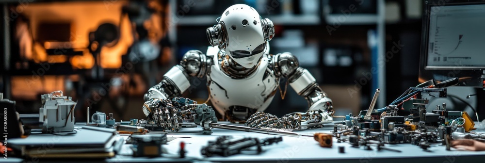 Aufkleber Robot works on components on table with tools, parts, and monitor.