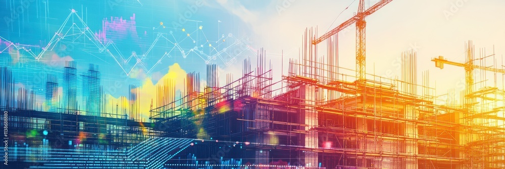 Aufkleber construction site with superimposed data graphs and buildings.