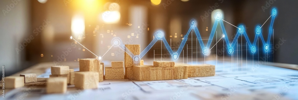 Poster wood blocks form a rising graph over a plan with a bright background.
