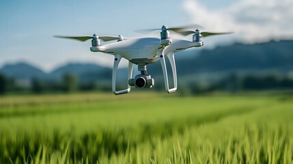 White drone flying over lush green wheat field with mountains in background. Modern technology for agriculture. Aerial photography and surveillance