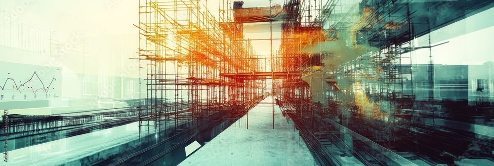 Poster abstract building construction with chart overlay, orange and teal tones.