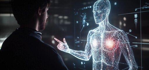 A doctor interacts with a holographic human body model displaying digital diagnostics, futuristic medical data, and advanced technology, symbolizing innovation in healthcare and AI-driven medicine
