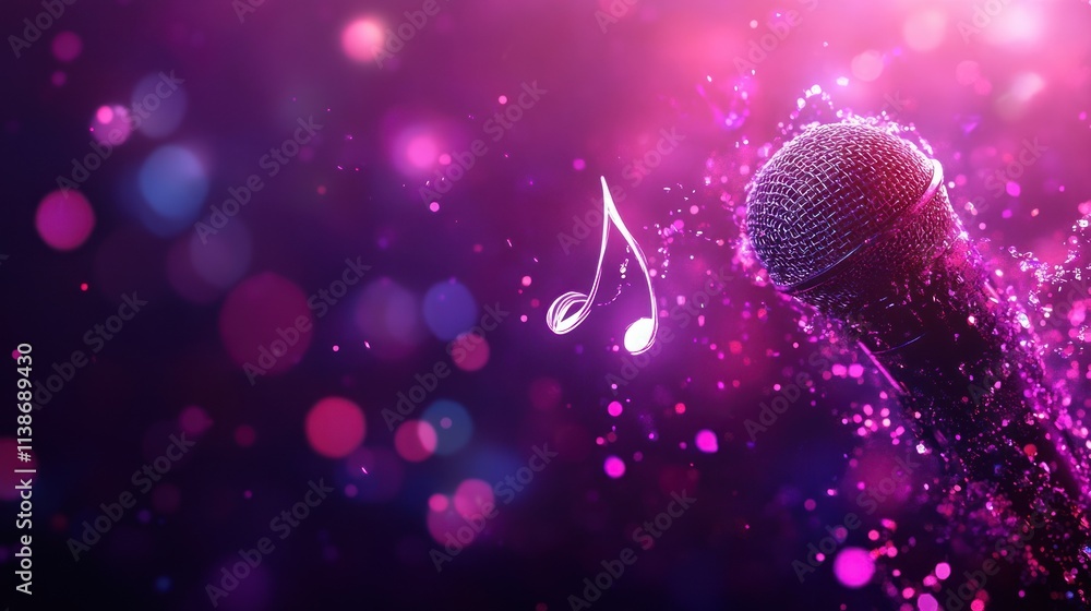 Poster microphone surrounded by glowing particles and music notes on purple bokeh background.