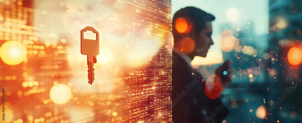 Aufkleber key floating near man. digital background.