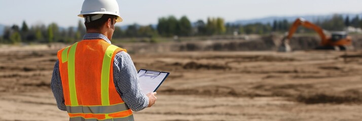 A surveyor wearing a hard hat uses a clipboard to take notes at an expansive, open construction site.