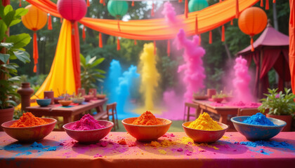 Fototapeta premium Vibrant Holi celebration setup with colorful powders and decor