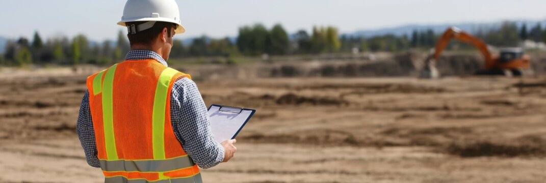 A surveyor wearing a hard hat uses a clipboard to take notes at an expansive, open construction site.