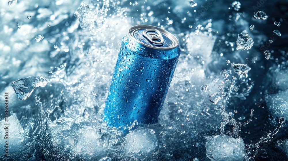 Poster blue can surrounded by ice cubes and splashes of water.