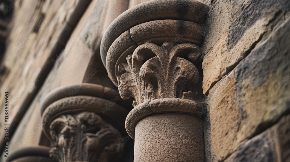 Poster carved stone column capitals of an old building with textured surfaces.