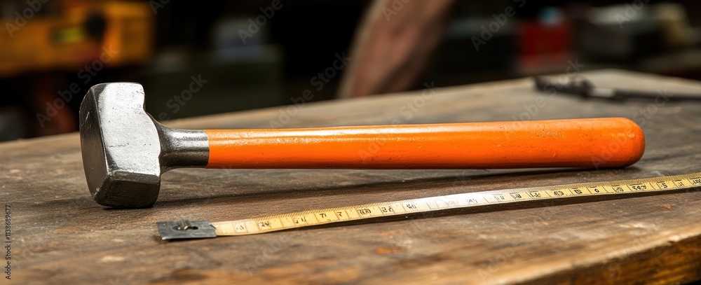 Poster hammer and measuring tape on a workbench.