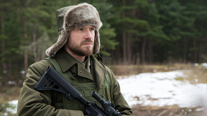 Fototapeta premium Soldier Winter Forest Fur Hat Rifle Military Gear