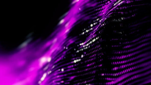 Animation of a digital wave pattern with purple and white elements on a dark background. Dynamic movements add depth and create a hypnotic effect