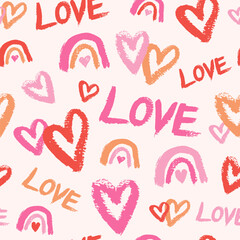 Hand draw doodle seamless pattern. Background for Valentine's Day with word 