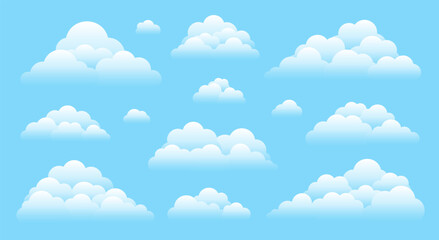 White fluffy cloud clusters on blue sky. Transparent clouds perfect for any background color. Light calm atmosphere soft puffy shapes floating in clear bright sky. Cartoon smooth rounded silhouettes