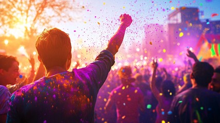 Vibrant Festival Celebration Captures Energetic Crowd with Colorful Powder in Atmosphere