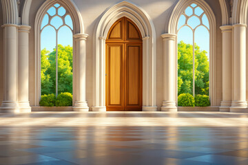 A large wooden door in a large room with arched windows