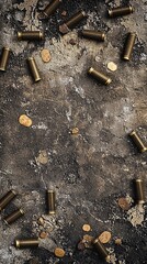 Fototapeta premium Scattered bullet casings and coins on a gritty, textured surface.