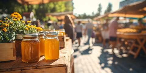 Golden honey in glass jars on a wooden table at a vibrant farmers market, creating a warm and inviting scene