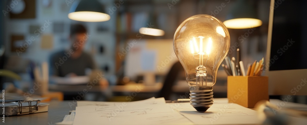 Poster lit bulb on desk with man working in blurred background.