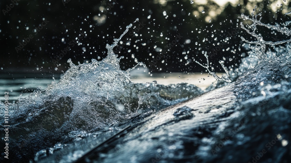 Poster splashing water surface with droplets in dark environment.