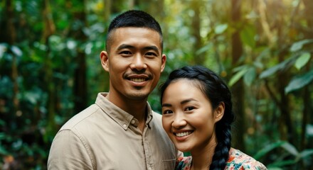 Fototapeta premium Smiling asian couple in lush green jungle for nature-themed projects