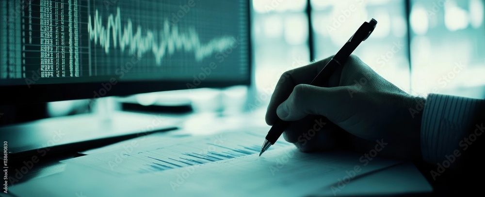 Aufkleber Hand analyzes data charts with pen in front of screen.