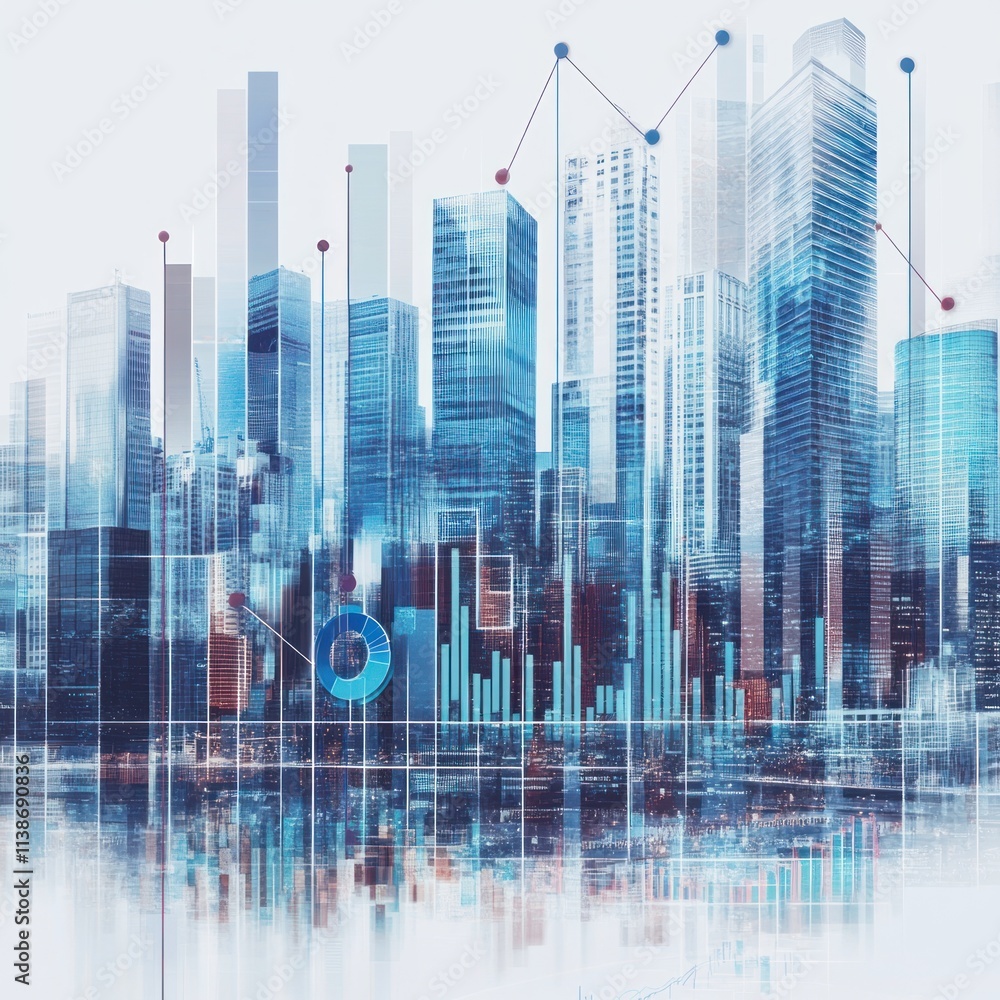 Poster cityscape with overlayed graphs and bar charts.