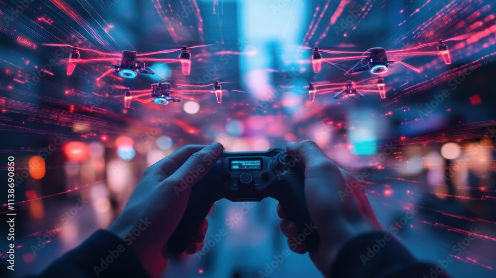 Aufkleber drones controlled with gamepad, red digital lines flowing.