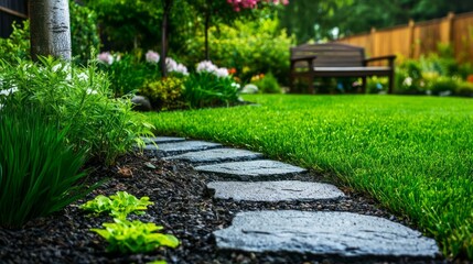 Fototapeta premium A serene garden pathway with lush grass and vibrant flowers.