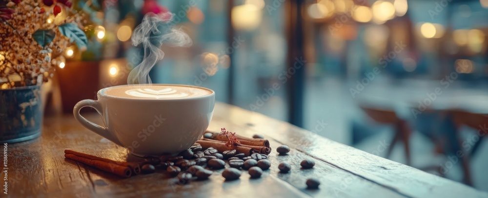Poster steaming latte with cinnamon sticks on table, cafe background.