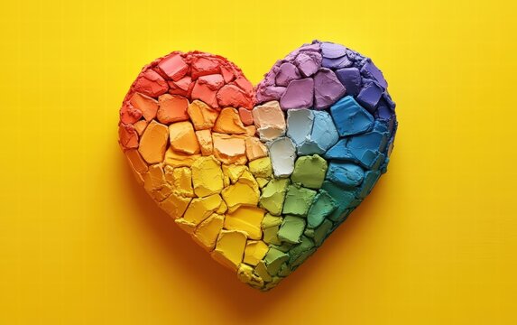 A 3D clay rainbow heart with textured details, floating on a sunny yellow background - Powered by Adobe