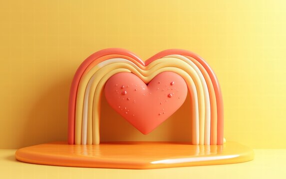 A 3D clay rainbow heart with textured details, floating on a sunny yellow background
