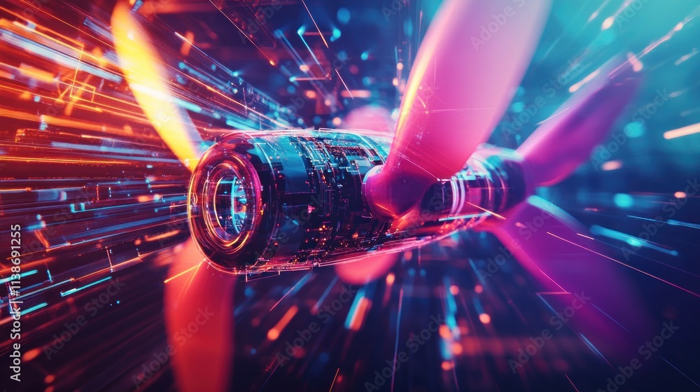 Poster propeller with digital circuit board and light trails.