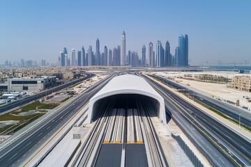 Fototapeta premium Elevated view of modern highway leading into tunnel with dubai skyline in background.
