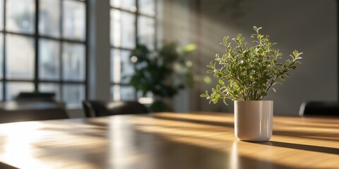 A potted plant bathes in sunlight, casting shadows on a wooden desk, bringing nature into a modern workspace.
