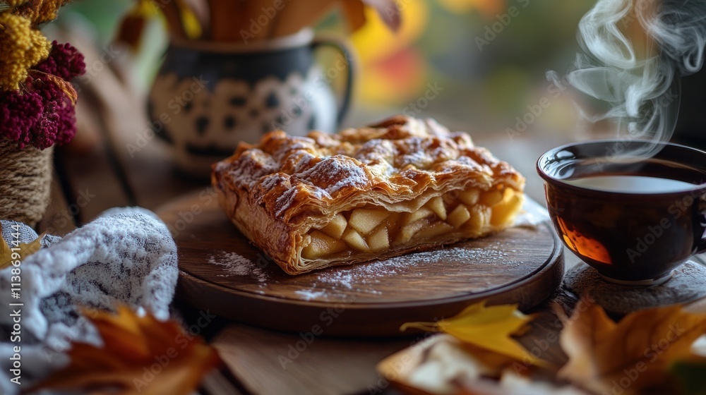 Poster apple pie with tea on rustic table with autumn leaves, steam.