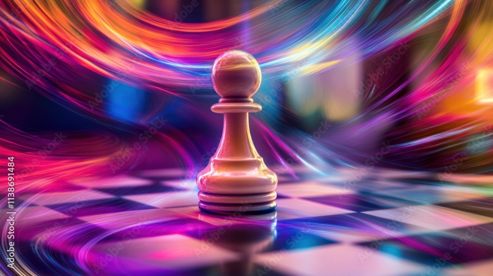 Poster pawn on chessboard with colorful light streaks, depth of field.