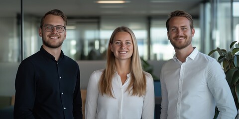 Three colleagues in a modern office pose for a group photo, conveying teamwork and a positive work atmosphere.